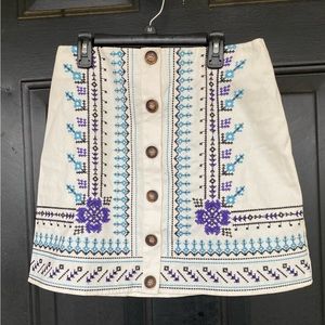 Blue Rain Embroidered Button Front Mini Skirt